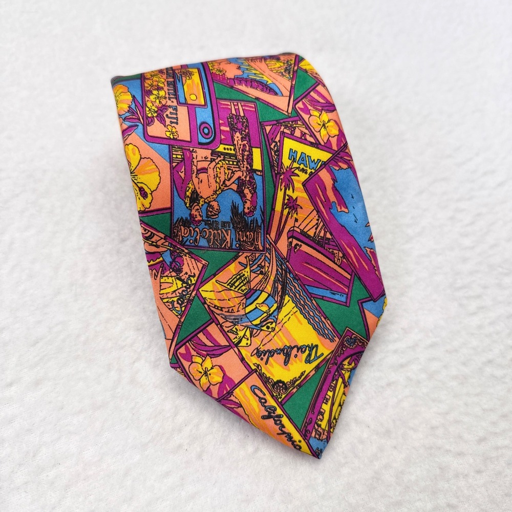 Vintage Fendi Tie Necktie Retro Hawaii Print Silk Classic Designer Made in Italy